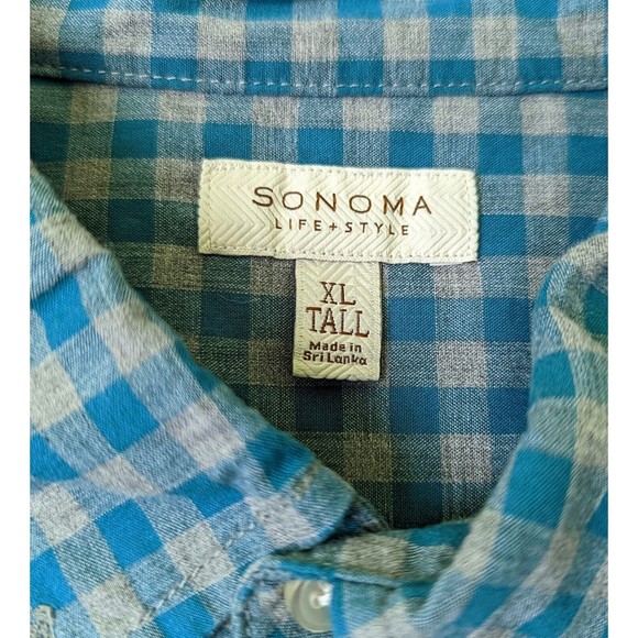 Sonoma Mens Tall XLT Check Shirt Long Slv Button Up Casual Blue Gray 100% Cotton - Picture 2 of 6